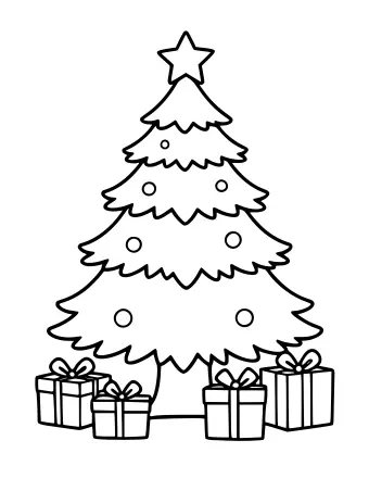 Dibujo lineal en blanco y negro de un árbol de Navidad alto y escalonado rematado con una estrella de cinco puntas y decorado con adornos redondos, con cuatro cajas de regalo envueltas y lazos en su base.