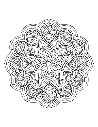 Black and white line art of a complex, symmetrical mandala featuring a central flower, interlocking geometric shapes, and numerous small numbered sections for colouring.