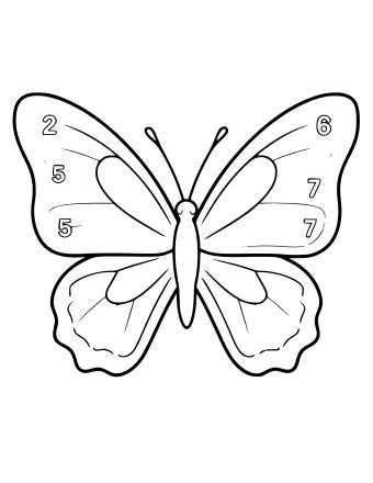 Line drawing of a butterfly with four wings and two antennae, featuring numbers 2, 5, 6, and 7 printed on the wing sections.