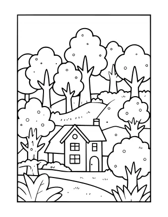 Dibujo lineal en blanco y negro de una cabaña de dos pisos con chimenea, rodeada de árboles altos con copas redondas, arbustos y colinas.