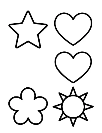 Dibujo lineal en blanco y negro de una estrella de cinco puntas, dos corazones, una flor de cinco pétalos y un sol con rayos, dispuestos en una cuadrícula de dos por dos.