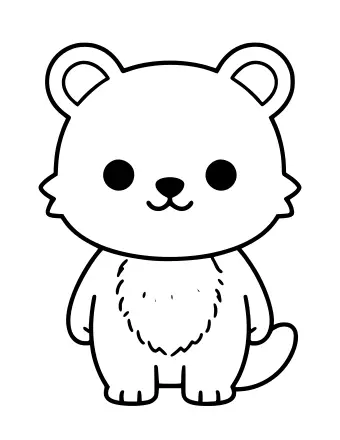 Black and white line drawing of a cute bear standing on two legs, with round ears, a small nose, and a fluffy belly patch, ready to be coloured.