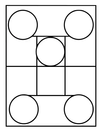 Dibujo lineal en blanco y negro de un gran cuadrado dividido en una cuadrícula, con cinco círculos colocados en las esquinas y el centro, y secciones numeradas para niños pequeños.