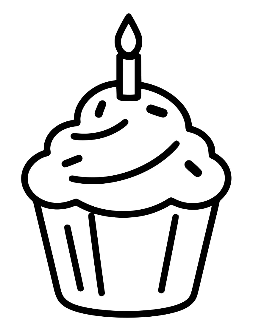 Line drawing of a smiling cupcake with swirled frosting, scattered sprinkles, and a single candle on top, sitting in a fluted paper liner.
