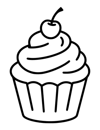 Line drawing of one large cupcake with a tall swirl of frosting, a cherry with a stem on top and a pleated paper case.