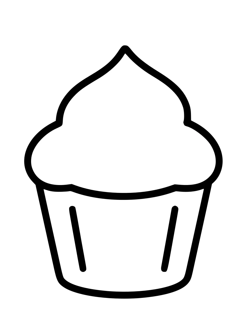 Line drawing of a simple cupcake with a tall, swirled frosting top and a fluted paper wrapper.