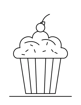 Dibujo lineal de un cupcake en un envoltorio a rayas con glaseado en espiral, chispas y una cereza encima