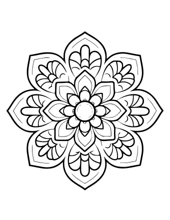 Schwarzes und weißes Ausmalbild eines komplexen Blumen-Mandala mit mehreren Lagen von Blütenblättern und dekorativen Mustern.