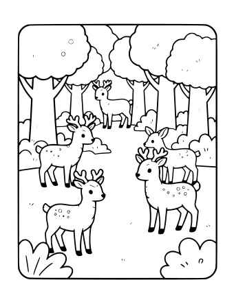 Dessin d’un groupe de cerfs dans une forêt, avec des arbres et des buissons.