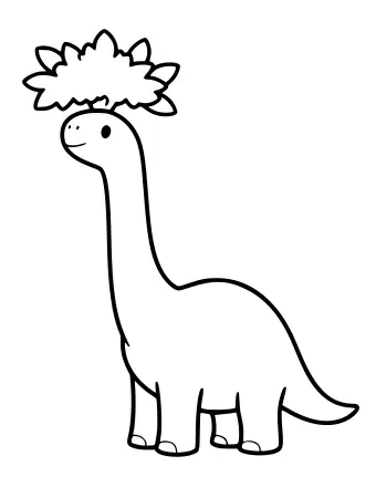 Dibujo lineal de un Brachiosaurus con un cuello largo que se extiende hacia arriba, hacia la rama de un árbol frondoso.