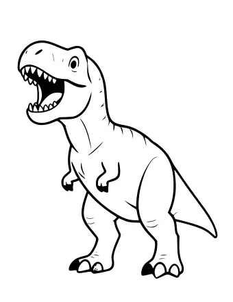Dibujo lineal en blanco y negro de un T-Rex rugiendo con la boca abierta, mostrando dientes afilados, parado sobre dos piernas con brazos pequeños y una cola larga.