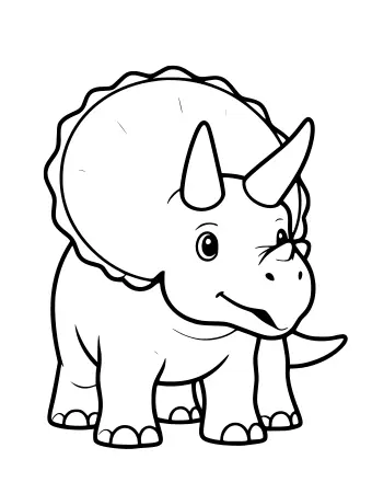 Dibujo lineal en blanco y negro de un Triceratops de dibujos animados de pie sobre cuatro patas, que muestra un gran volante, tres cuernos y una boca en forma de pico.