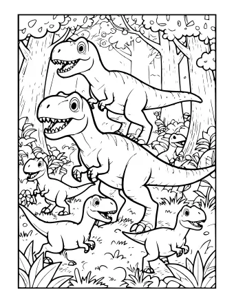 Dibujo lineal en blanco y negro de cinco Velociraptores de diferentes tamaños corriendo a través de un denso bosque prehistórico con árboles altos, helechos y maleza.