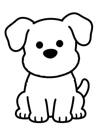 Dibujo lineal en blanco y negro de un perro de dibujos animados sentado erguido con grandes orejas caídas, ojos redondos, una gran nariz ovalada y una cola rizada.