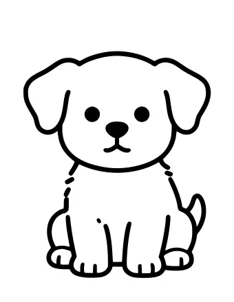 Dibujo lineal en blanco y negro de un lindo cachorro sentado erguido y mirando al espectador, con orejas caídas, ojos redondos, nariz pequeña y cola rizada.