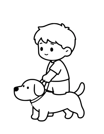 Dibujo lineal en blanco y negro de un niño sonriente con pelo corto sosteniendo una correa atada a un perro pequeño con orejas caídas y cola rizada.
