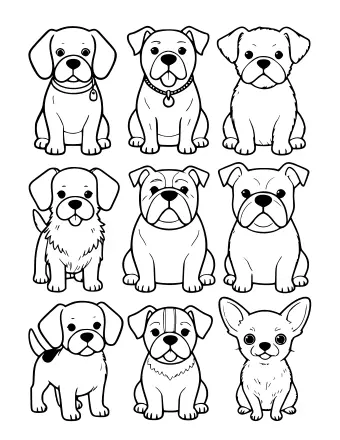 Arte lineal en blanco y negro que muestra nueve razas de perros diferentes en una cuadrícula de tres por tres, incluidos un beagle, un bulldog y un chihuahua, cada uno sentado o de pie con características distintas.