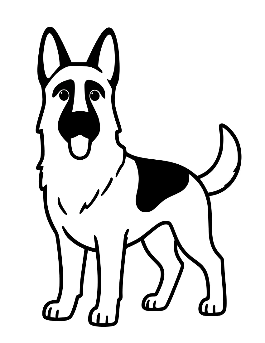 Black-and-white line drawing of a German Shepherd standing in profile, facing left, with tall pointed ears, a long snout, a bushy tail, and a dark saddle marking on its back.