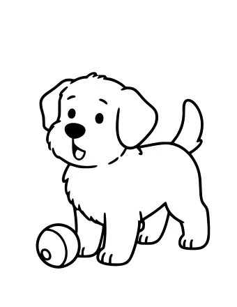 Dibujo lineal en blanco y negro de un cachorro de golden retriever sentado y mirando una pelota en el suelo, con orejas caídas y cola rizada.
