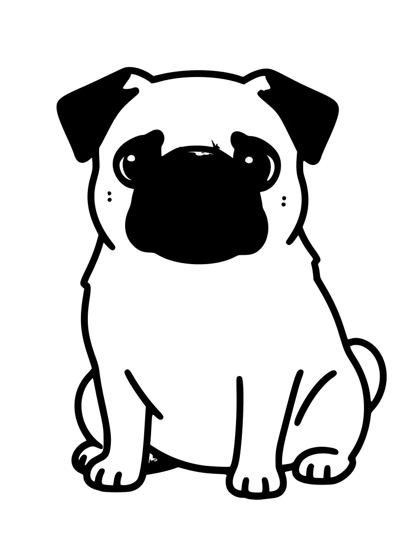 Black-and-white line drawing of a pug dog sitting and facing forward, with large floppy ears, a wrinkled face, a curled tail, and short legs.