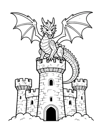 Dibujo lineal en blanco y negro de un dragón con grandes alas encaramado en lo alto de una alta torre de castillo de piedra, con dos torretas más pequeñas a cada lado.