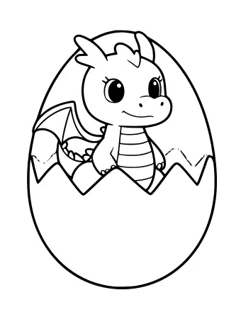 Dibujo lineal en blanco y negro de un pequeño dragón de dibujos animados con ojos grandes y alas diminutas que emergen de la parte superior de una gran cáscara de huevo agrietada.