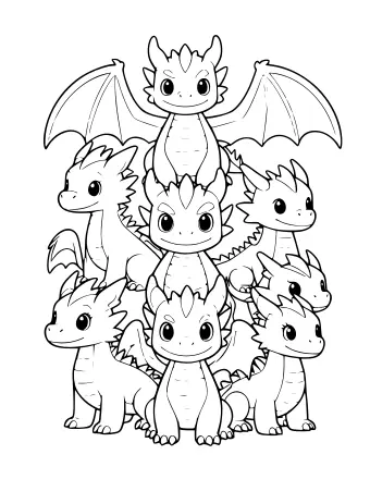 Dibujo lineal en blanco y negro de siete dragones bebés de dibujos animados de diferentes tamaños, algunos con las alas extendidas, dispuestos en grupo.