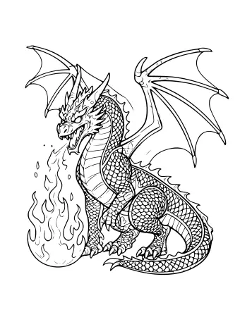 Dibujo lineal en blanco y negro de un dragón feroz con grandes alas parecidas a las de un murciélago, escamas detalladas y una columna de fuego que sale de su boca abierta.