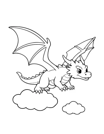Dibujo lineal en blanco y negro de un dragón amigable con grandes alas parecidas a las de un murciélago extendidas, volando sobre dos nubes esponjosas.