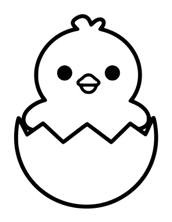 A simple black-and-white line drawing of a round baby chick with two dot eyes and a small open beak, peeking out of the top of a cracked eggshell.