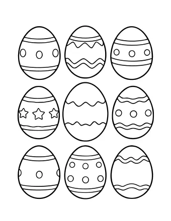Nine Easter eggs arranged in a 3x3 grid, each decorated with a different pattern including stripes, zigzags, dots, and stars.