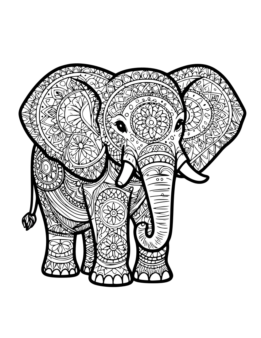 Black and white line drawing of an elephant filled with intricate mandala patterns, including floral motifs, geometric shapes, and circular designs on its ears, body, and trunk.