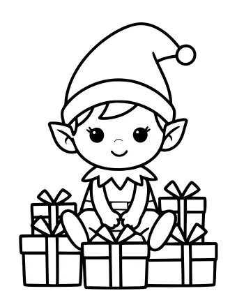 Dibujo lineal en blanco y negro de un elfo sonriente con ojos grandes y un pequeño sombrero puntiagudo sentado sobre una pila de cuatro regalos de Navidad envueltos.
