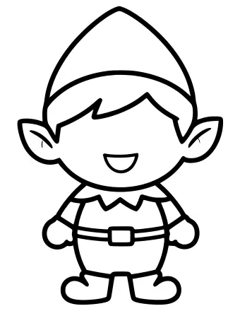 Dibujo lineal en blanco y negro de un elfo sonriente con un sombrero alto y puntiagudo, una camisa con cuello, cinturón y zapatos redondos.