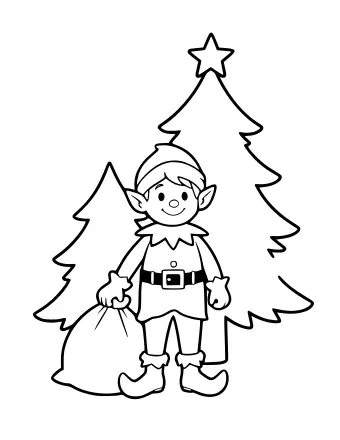 Un elfo sonriente con un sombrero puntiagudo y una túnica se encuentra frente a un gran árbol de Navidad coronado con una estrella, sosteniendo un saco de juguetes en una mano y un pequeño regalo en la otra.