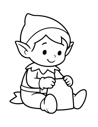 Dibujo lineal en blanco y negro de un elfo sonriente con un sombrero puntiagudo y una túnica sentado en el suelo, sosteniendo un juguete pequeño y una herramienta.