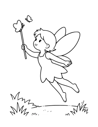 Line drawing of a smiling fairy in mid-flight over grass, one arm raised with a wand and two butterflies beside it.