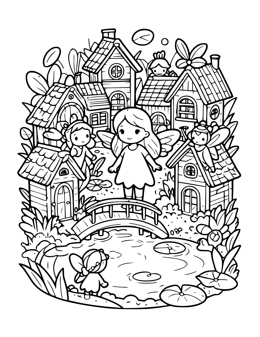 Detailed line drawing of a fairy village with small cottages, a stone bridge over a pond with lily pads, and three fairies.