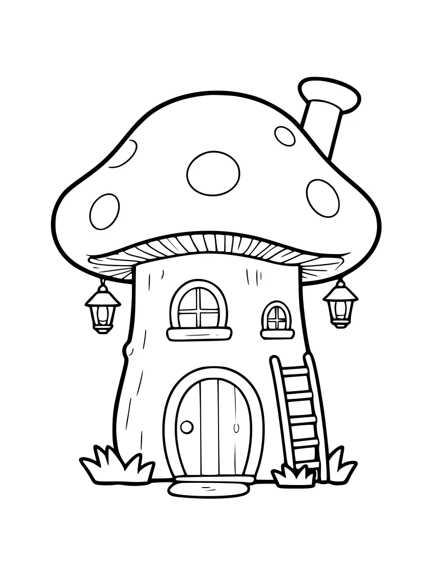 Line drawing of a tree trunk house with a spotted mushroom roof, a round arched door, small windows, two lanterns and a ladder.
