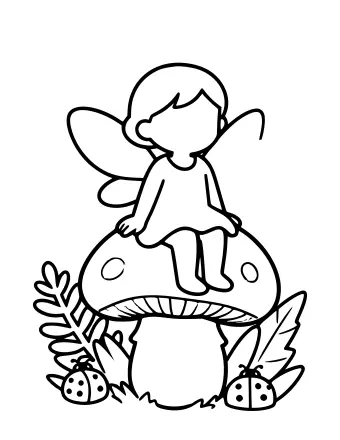 Line drawing of a small fairy with wings sitting on a large spotted toadstool, with ferns and two ladybugs at the bottom.