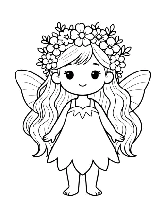 Line drawing of a standing fairy with a crown of large flowers, long wavy hair, large veined wings and a petal-edged dress.