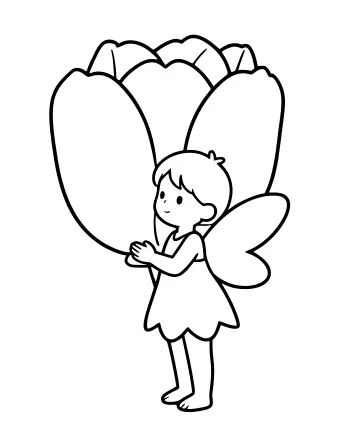 Line drawing of a tiny fairy with wings holding the edge of a huge tulip petal, the open flower rising behind her.