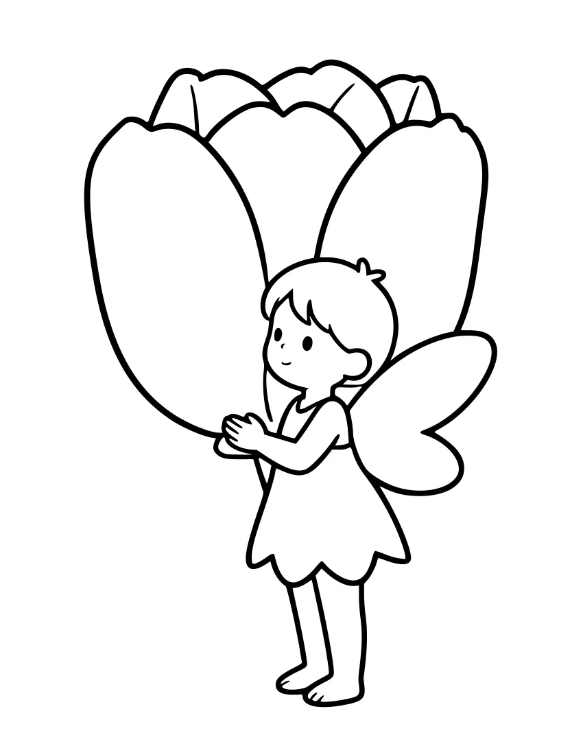 Line drawing of a tiny fairy with wings holding the edge of a huge tulip petal, the open flower rising behind her.