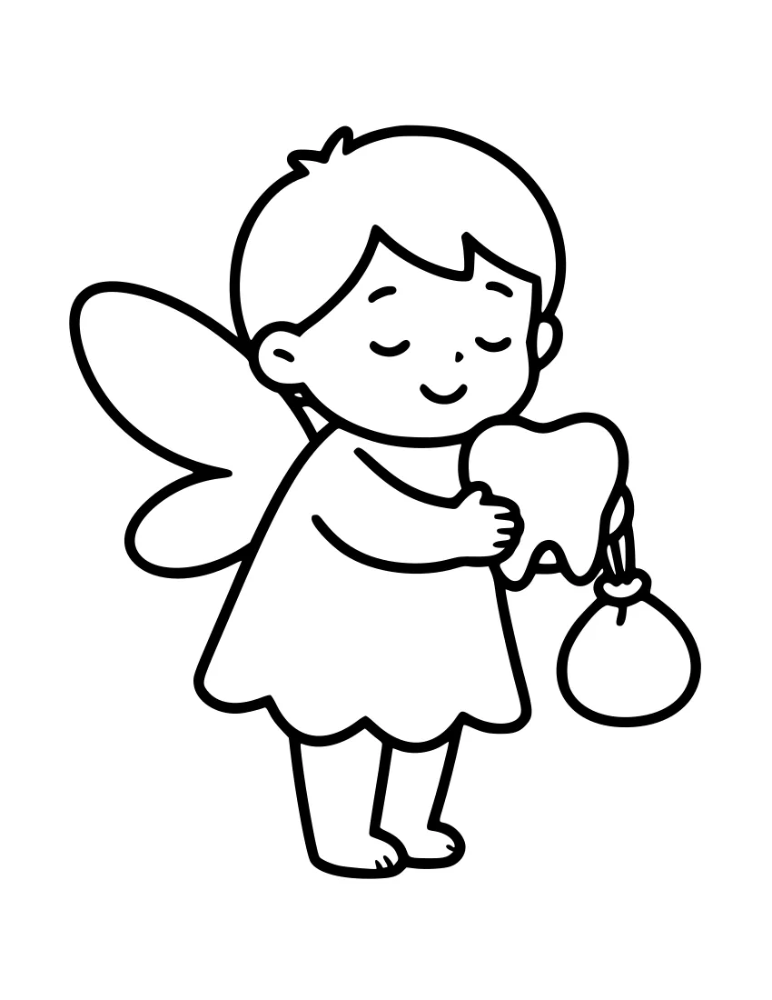 Line drawing of a smiling fairy with wings standing with eyes closed, holding a tooth in one hand and a small purse in the other.