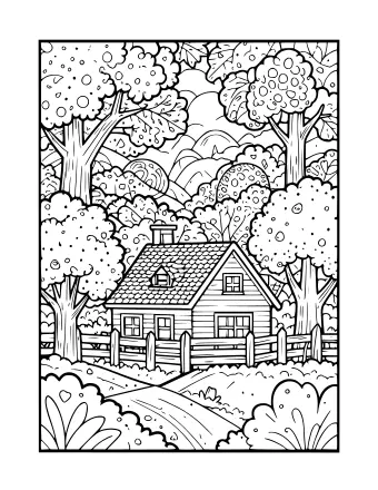 Black and white line drawing of a country house with a shingled roof and chimney, surrounded by a wooden fence, tall trees with round canopies, and rolling hills in the background.