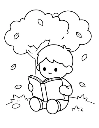 Black-and-white line drawing of a smiling child sitting cross-legged on the ground, holding an open book, with a large leafy tree behind and several leaves drifting down around the child.