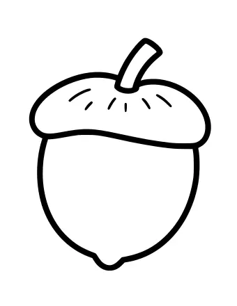 A large acorn with a rounded cap, a short curved stem, and small texture lines on the cap, shown in black outline on a white background.