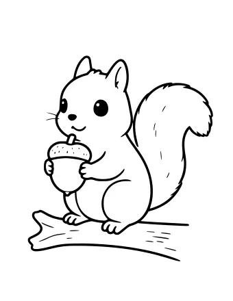 A cartoon squirrel sitting on a tree branch, holding an acorn in its front paws, with a large bushy tail curled behind it.