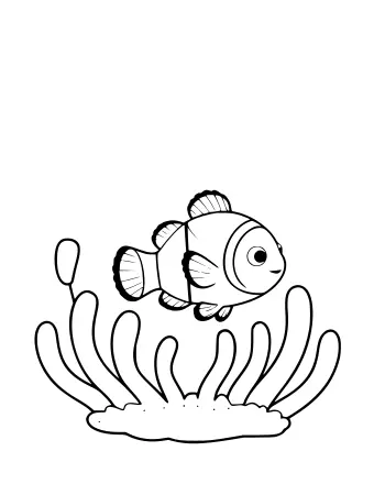 Dibujo lineal en blanco y negro de un pez payaso de dibujos animados con tres bandas blancas nadando entre tentáculos ondulados de anémona de mar sobre un fondo blanco.