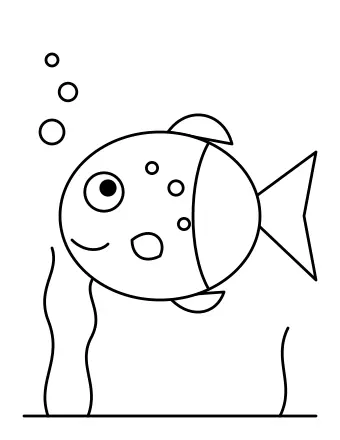 斑点、ヒレ、大きな尾を持つ笑顔の丸い魚が、泡を立てて海藻を通り過ぎて泳ぐ線画